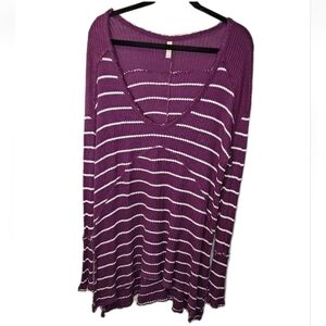 Free People Sunset Park Drippy Thermal Large Purple Striped Waffle Knit Top Boho